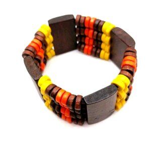 Stretchy Wood Beaded Bracelet Orange + Brown +Yellow 9 Inches